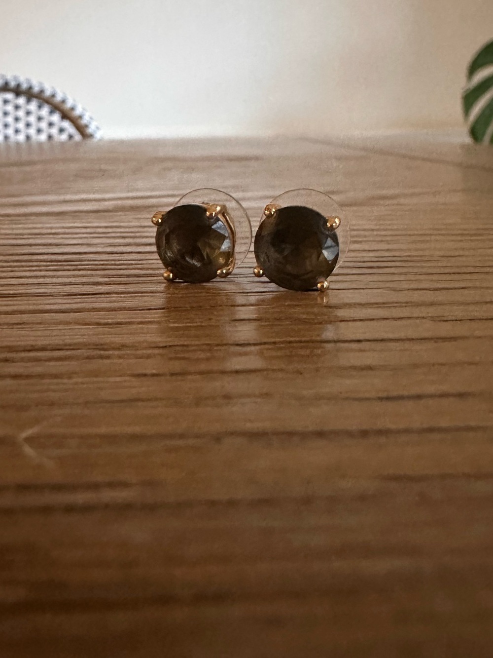 Kate Spade Dark Gray Black Crystal Round Stud Earrings Gold Tone